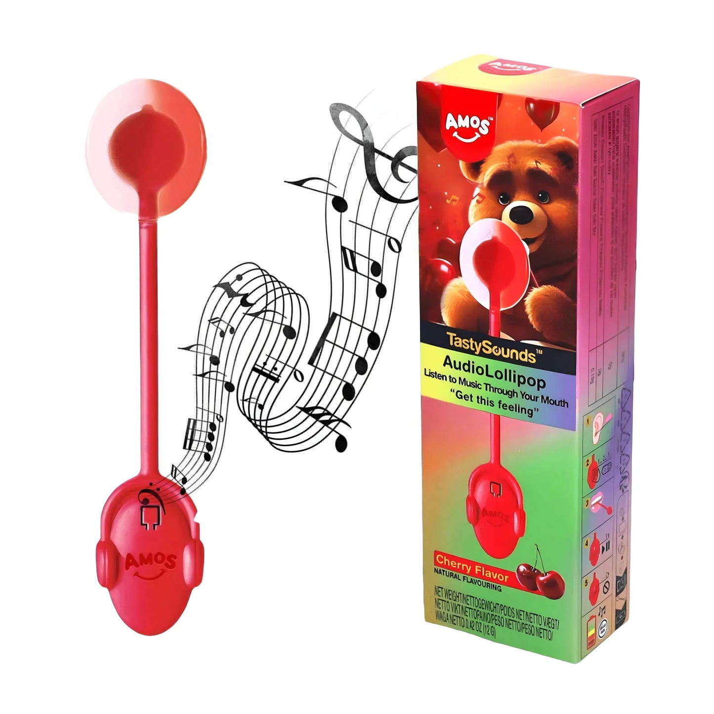 AMOS Tasty Sounds Audio Lollipop Cherry 12g - 12er Karton